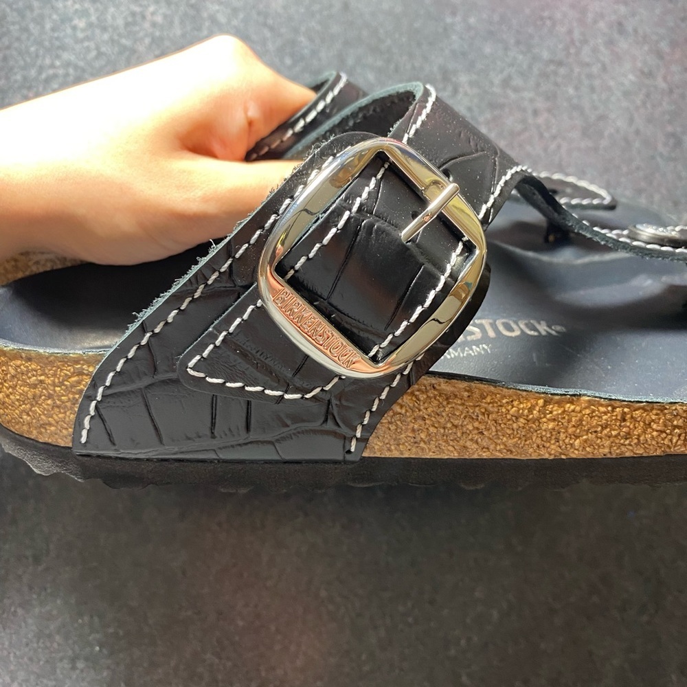 Birkenstock Black Croc-Embossed Thong Sandals with Silver Buckle - Picture 4 of 4